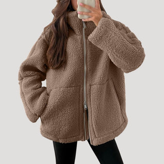 Fluffy zip-up teddy jacket with pockets and relaxed fit | Everfrost