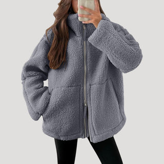 Fluffy zip-up teddy jacket with pockets and relaxed fit | Everfrost