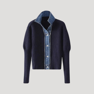 Navy ribbed cardigan with contrast denim-look trim | Marin