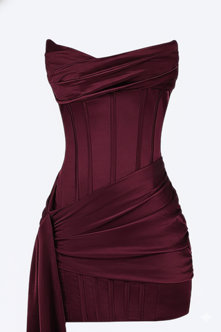 Short evening dress with corset-style bodice and asymmetric drape | Valerios
