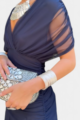 Off-shoulder evening dress with ruched bodice | Lowenna