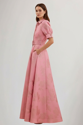 Floral Belted Maxi Dress – Refined Collared Silhouette | Mirelle