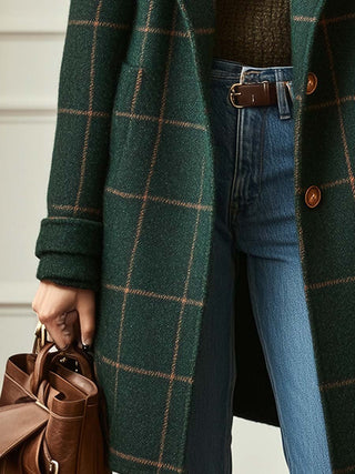 Checked coat with lapel collar and two-button closure | Elena