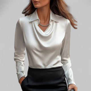 Draped neck blouse refined long sleeve business silhouette | Ismere